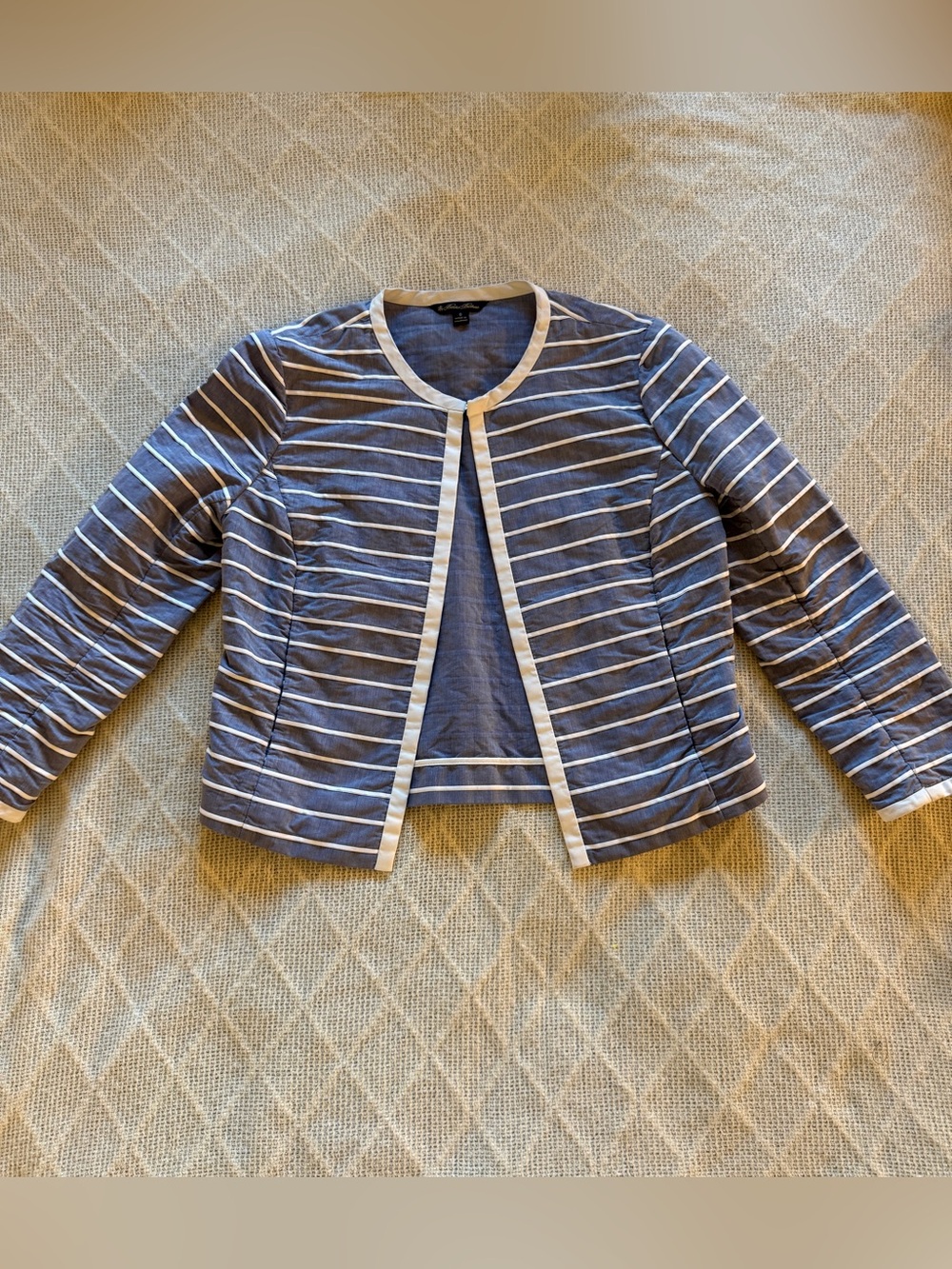 Brooks Brothers Striped Cotton Dobby Cropped Jacket Collarless Blue White Size